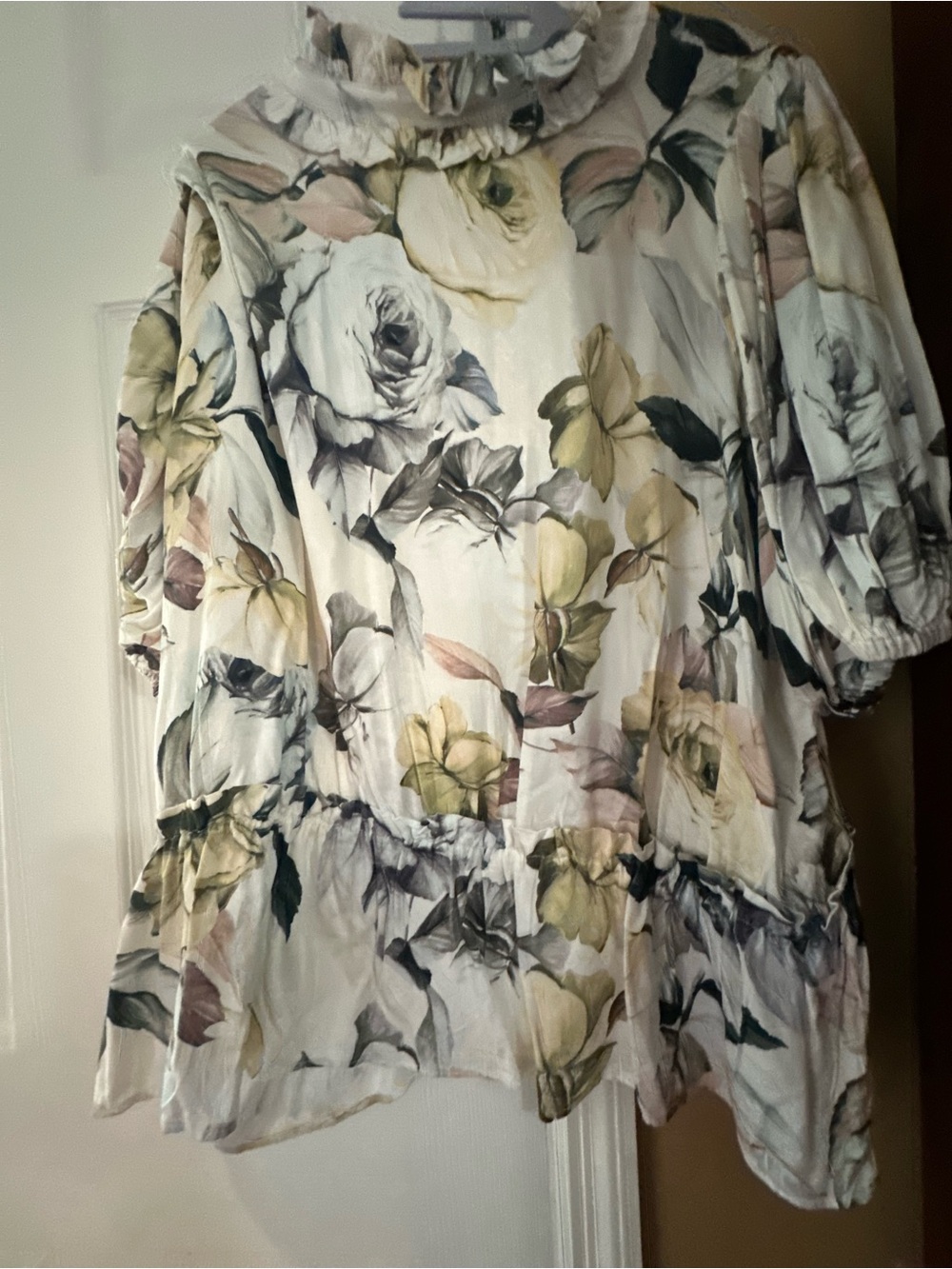Tahari White Floral Ruffle-Neck Peplum Tunic with Pastel Accents